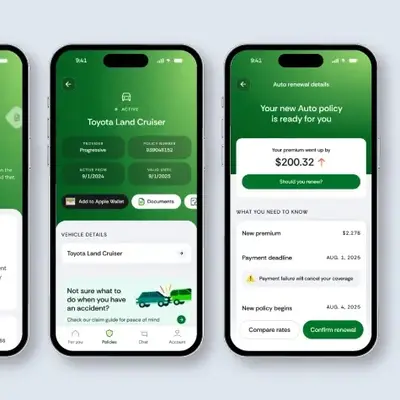 Three iPhones featuring the green and white design of the Goosehead Insurance app, displayed side by side on a neutral background.