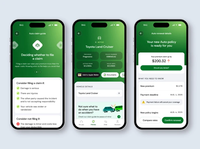 Three iPhones featuring the green and white design of the Goosehead Insurance app, displayed side by side on a neutral background.