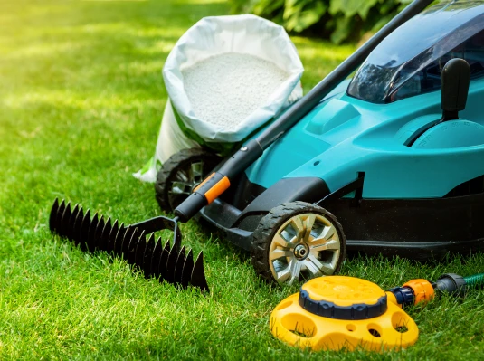 A blue lawn mower, a black rake, a bag of white fertilizer, and a yellow sprinkler lie on lush green grass, conveying a gardening theme.