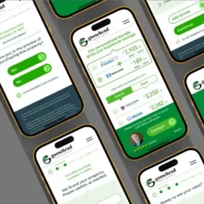 A set of smart phones displaying different pages of the Goosehead Insurance app.