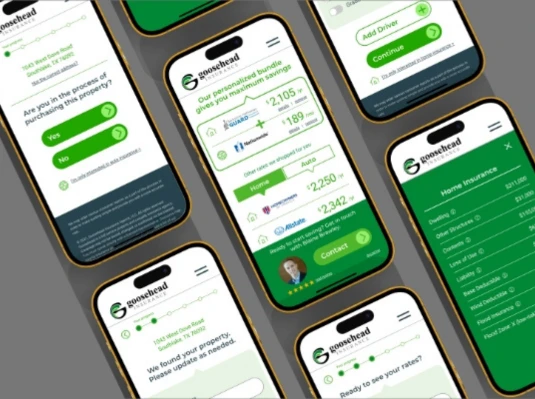 A set of smart phones displaying different pages of the Goosehead Insurance app.