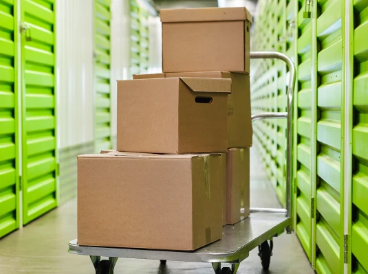 A stack of cardboard boxes on a wheeled cart is placed in a corridor between bright green storage lockers, conveying a sense of organization and mobility.