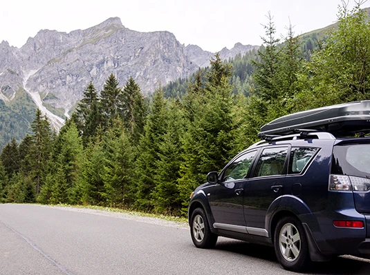 SUV parked beside a mountain road, surrounded by dense pine trees. In the background, rugged gray mountains rise under an overcast sky, creating a serene, adventurous atmosphere.