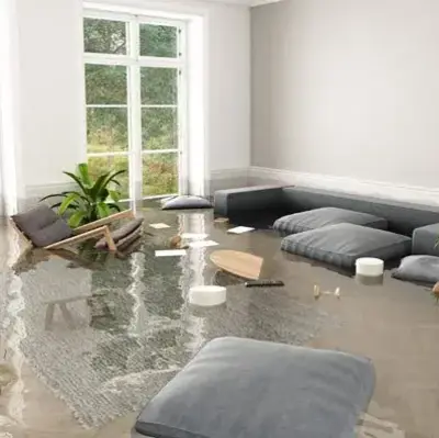 Flooded living room with submerged modern furniture, scattered cushions, and floating objects. Large windows and plants suggest a serene yet chaotic scene.