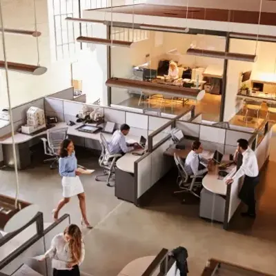 An office scene featuring several people focused on their work at individual desks.