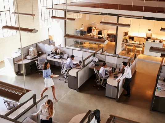 An office scene featuring several people focused on their work at individual desks.