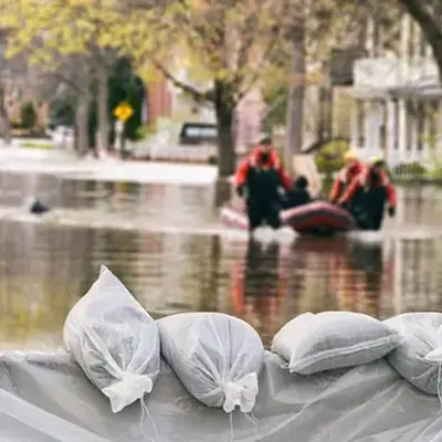 Sandbags line a flooded street, with rescue workers in a boat in the background. The scene conveys urgency and the impact of flooding.