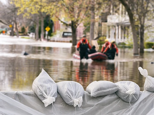 Sandbags line a flooded street, with rescue workers in a boat in the background. The scene conveys urgency and the impact of flooding.