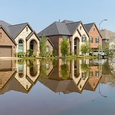 Row of suburban homes reflected in floodwaters, highlighting the impact of flooding. The scene is calm with clear skies, emphasizing the severity.
