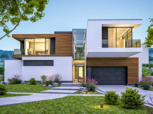 Modern house exterior featuring large windows and a spacious driveway.