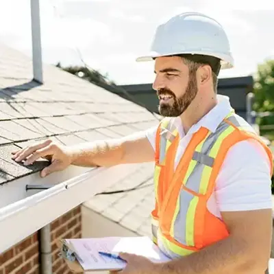 A construction worker in a white hard hat and orange safety vest inspects a roof, smiling while holding a clipboard. It's a sunny day, conveying positivity.