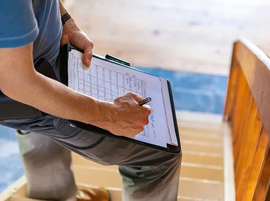 A man sits on a stairway, holding a clipboard and looking thoughtfully at his notes.