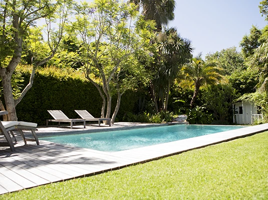 A serene backyard scene with a sparkling pool, surrounded by lush green trees and bushes. Two empty loungers sit on a sunlit deck, evoking tranquility.