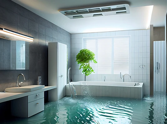 A modern bathroom is flooded with water covering the floor. A plant floats above the bathtub. Sunlight filters through a large window, creating a surreal atmosphere.