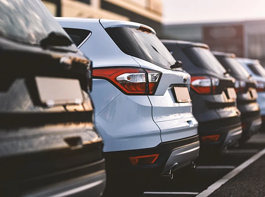 Row of parked SUVs with focus on a white vehicle in a sunlit parking lot. The mood is calm, highlighting modern automotive design and symmetry.