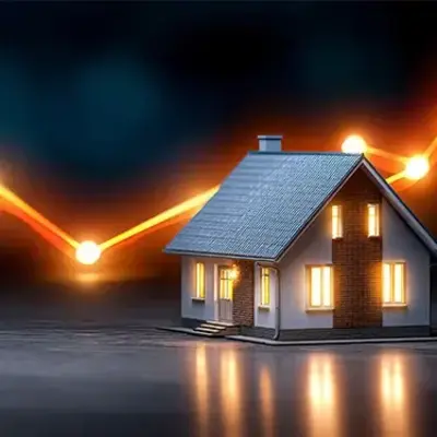 A house with a rising graph in front of a dark background, symbolizing growth in real estate or housing market trends.
