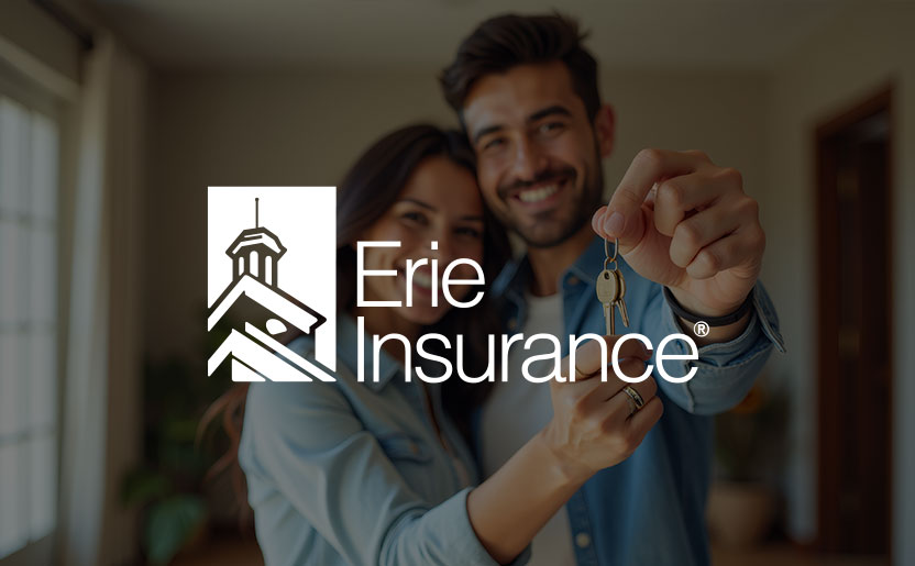 An image of the Erie Insurance's Logo: It shows a blue rectangle on the left with a white outline of a building next to the words Erie Insurance on the right
