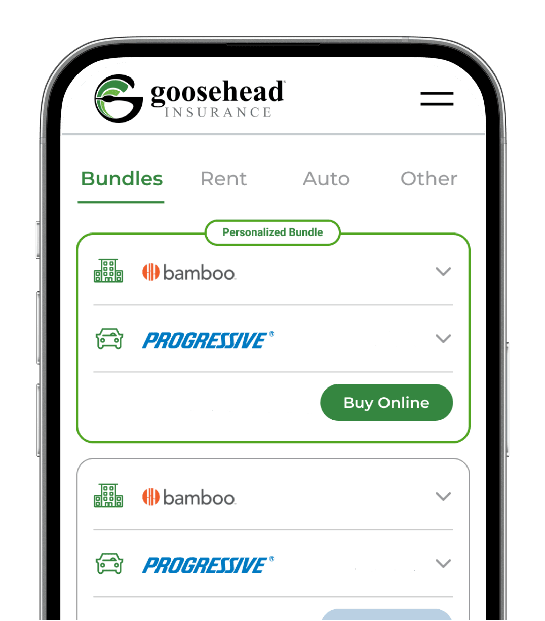 Goosehead's mobile app interface displayed on a smartphone, showcasing insurance options and user-friendly navigation.