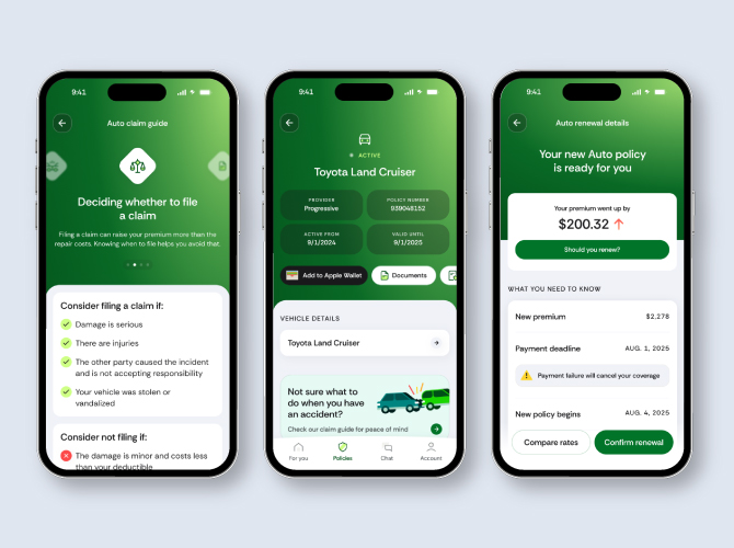 Three iPhones featuring the green and white design of the Goosehead Insurance app, displayed side by side on a neutral background.